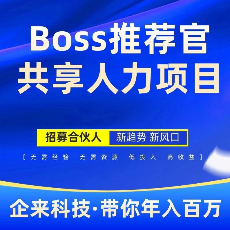 【找合伙人】boss推荐官 公司项目多年实操经验 亿万蓝海市场，收益日结 全程陪跑落地  会打字即可